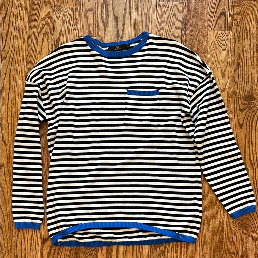 Striped Black and White women’s Shirt with Blue Accents